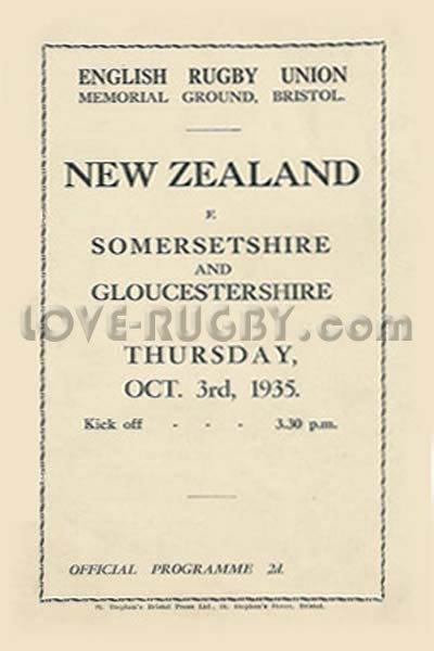 1935 Gloucestershire and Somerset v New Zealand  Rugby Programme